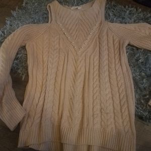 Cold Shoulder Pearl Cable Knit Sweater